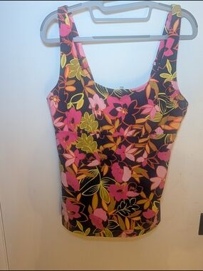 Lands' End Size 10 DD Floral Swim Top in Navy with Pink & Yellow Accents